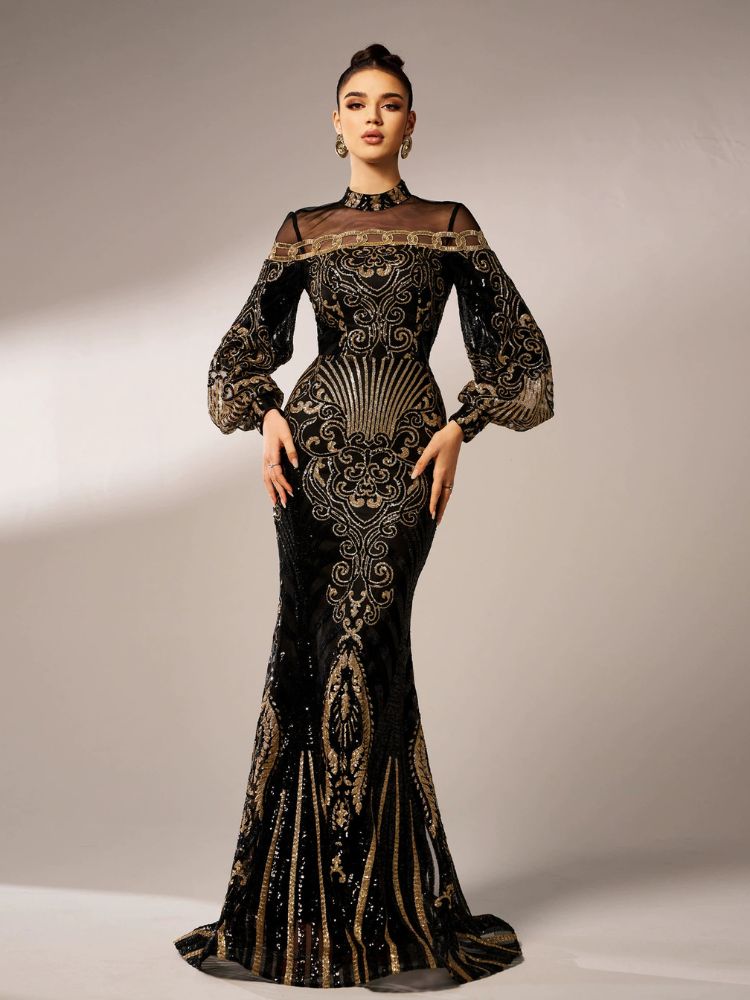 Black and gold sequin mermaid gown for prom 2026