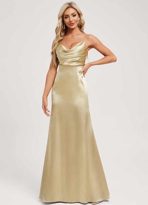Elegant gold satin cowl-neck bridesmaid dress for weddings