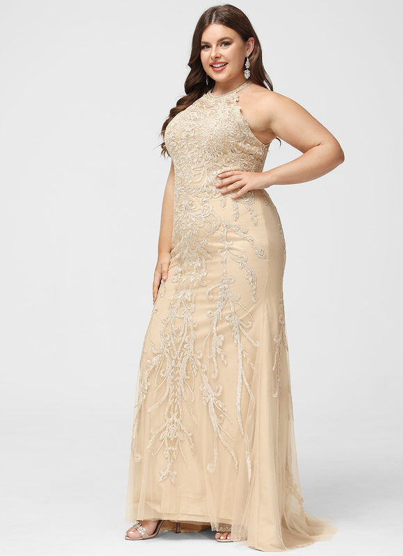 Robe Sirène Élégante En Tulle Brodé Crème. - gallery 6