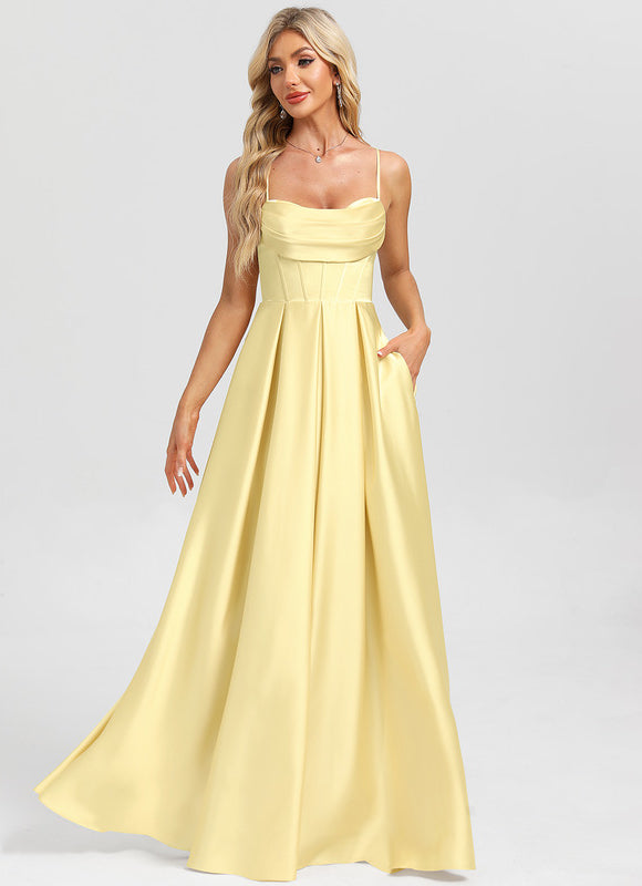 Robe Longue Satin Jaune - gallery 2
