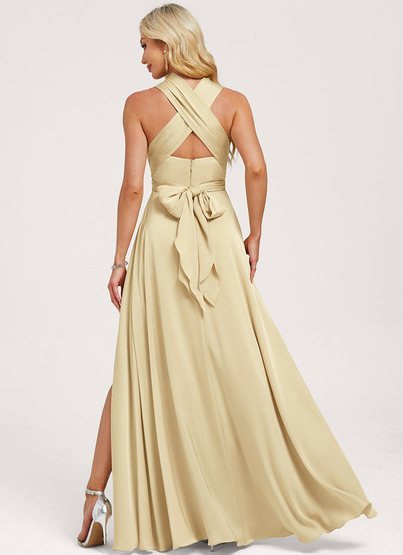 Robe Fluide Décolleté Licou Asymétrique Satin Crème. - gallery 2