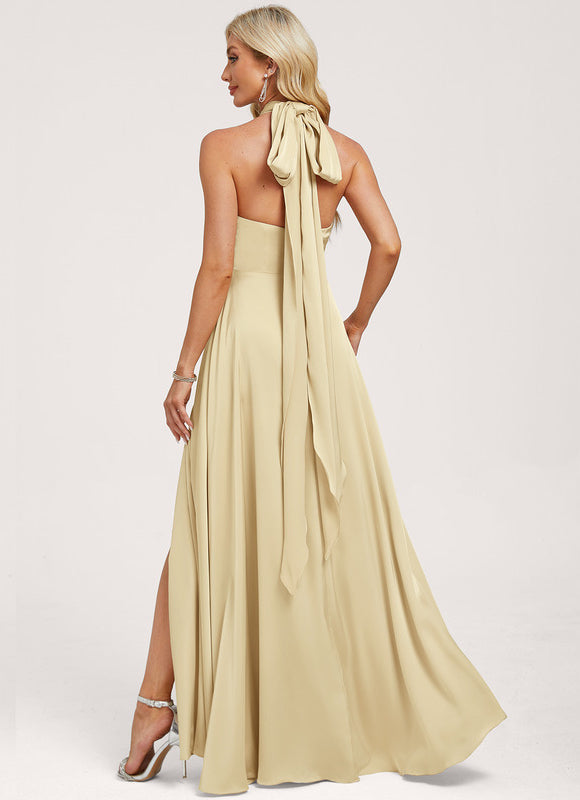 Robe Fluide Décolleté Licou Asymétrique Satin Crème. - gallery 5