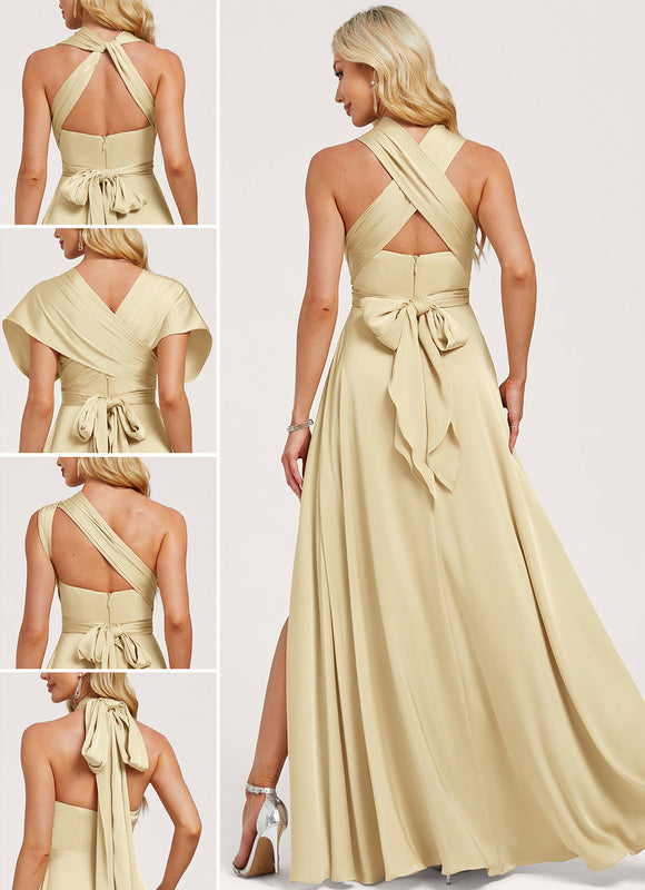 Robe Fluide Décolleté Licou Asymétrique Satin Crème. - gallery 1