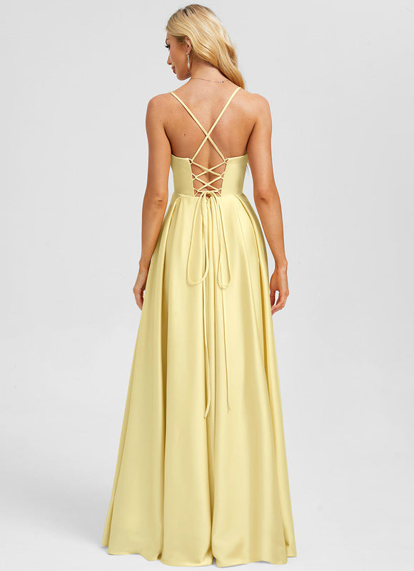 Robe Longue Satin Jaune - gallery 1