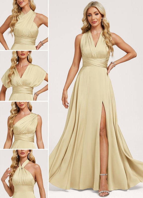 Robe Fluide Décolleté Licou Asymétrique Satin Crème.