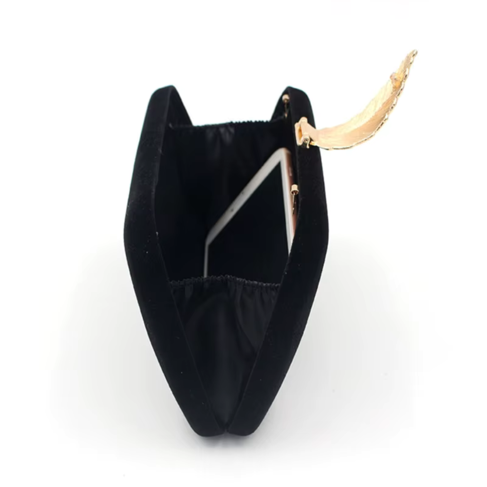 Elegant Black Mini Bag with Gold Chain & Leaf Detail