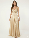 Elegant Gold Satin Bridesmaid Dress - V-Neck & Slit Gown