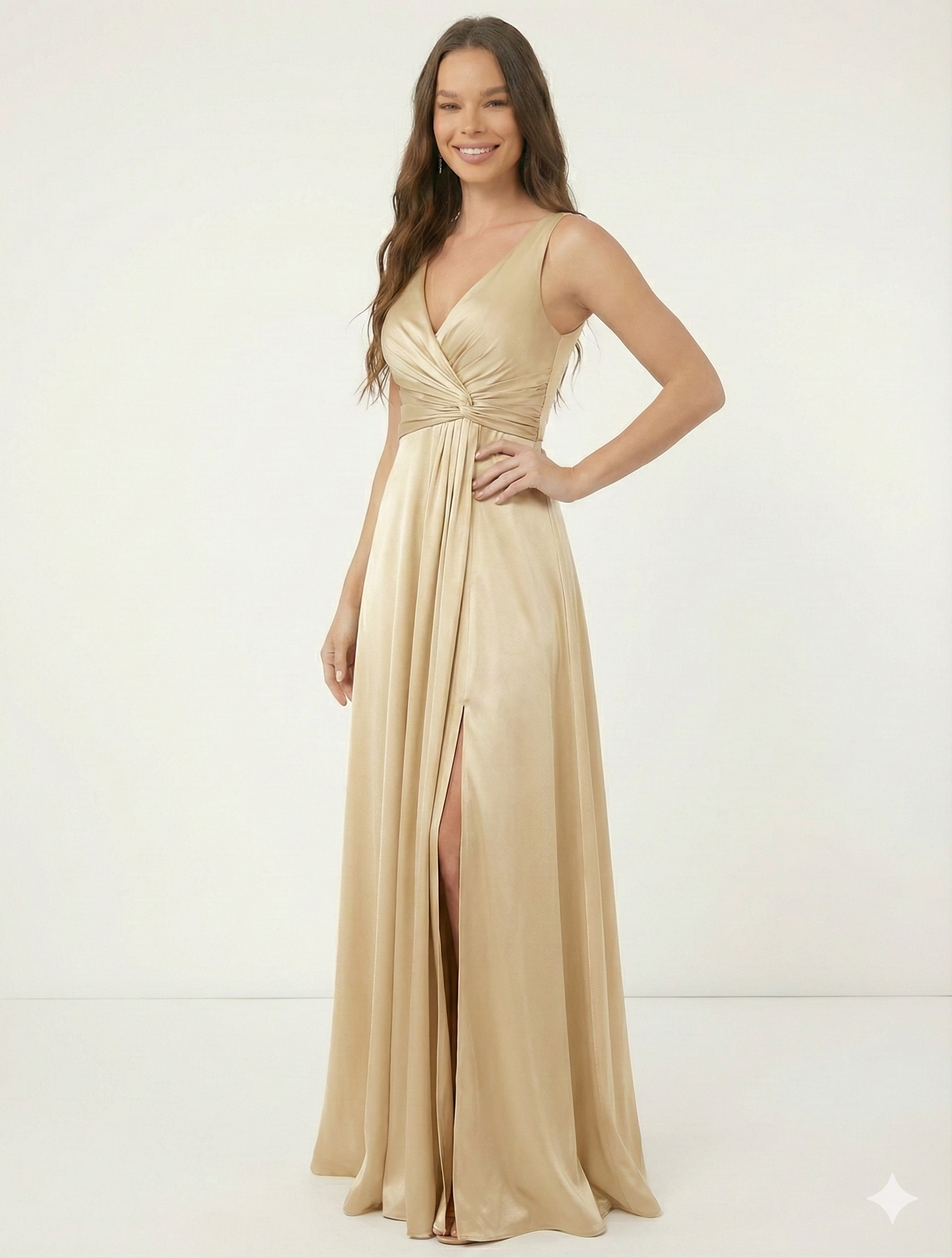 Elegant Gold Satin Bridesmaid Dress - V-Neck & Slit Gown