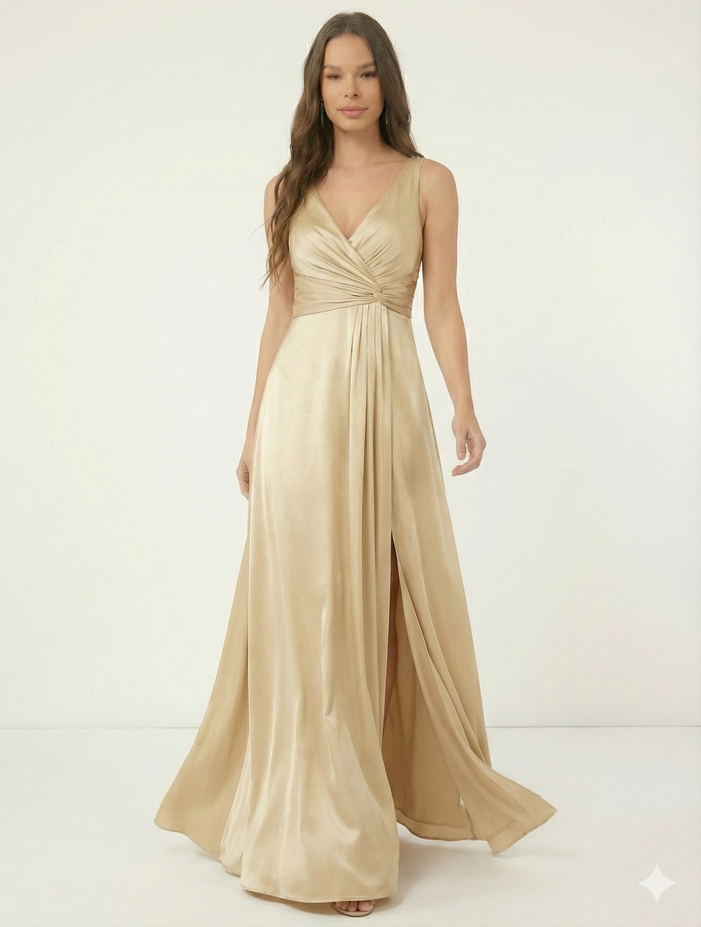 Elegant Gold Satin Bridesmaid Dress - V-Neck & Slit Gown