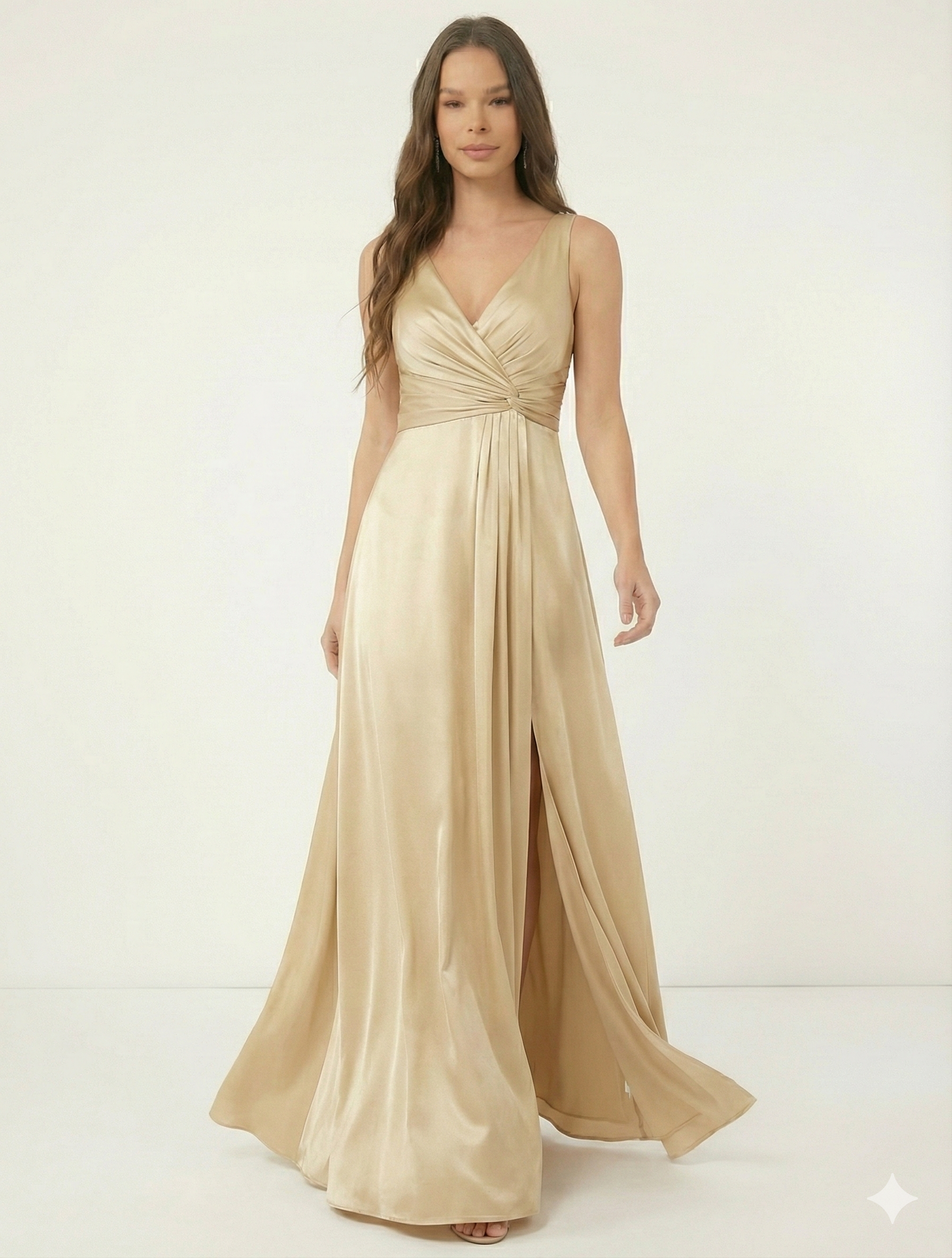 Elegant Gold Satin Bridesmaid Dress - V-Neck & Slit Gown