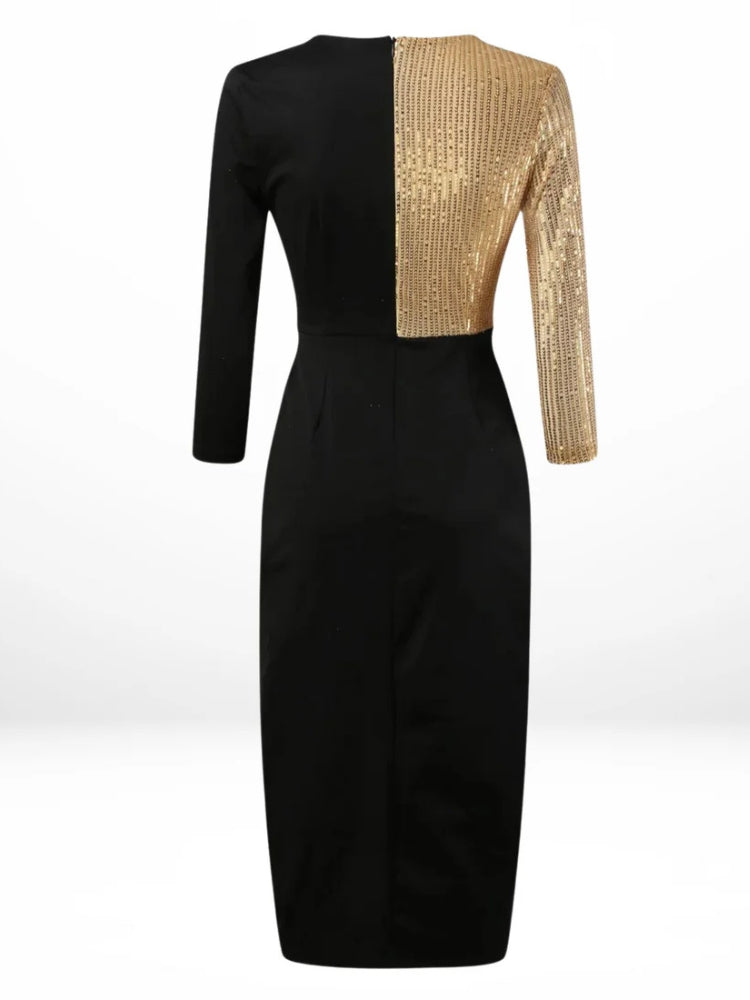 Robe de soirée noire et dorée de dos