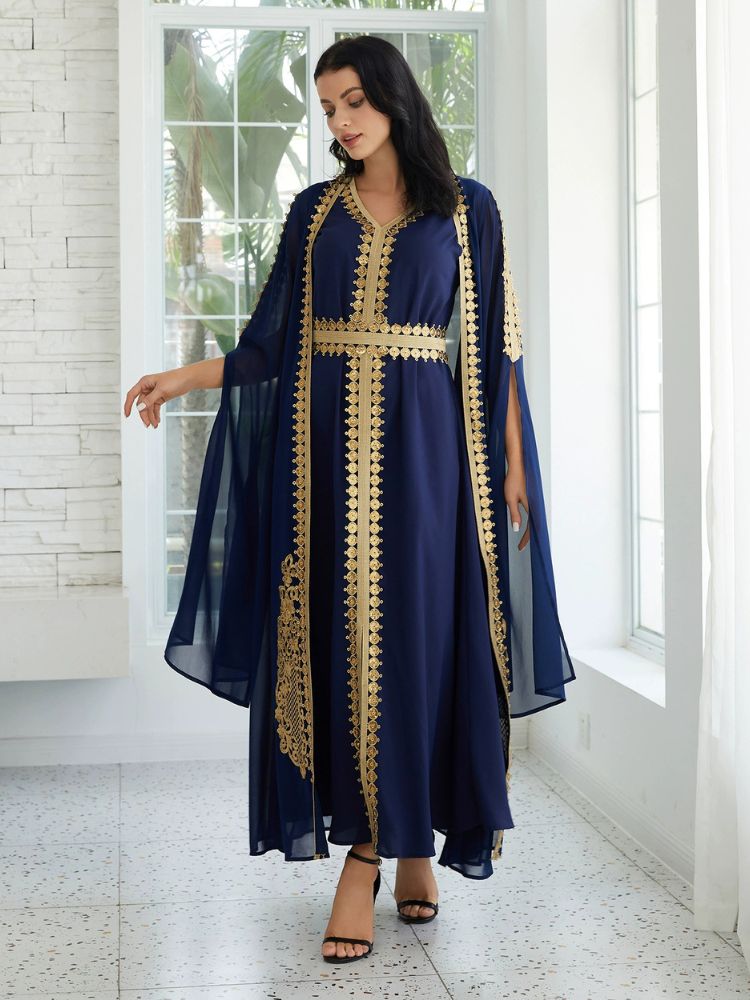Navy Blue & Gold Embroidered Gown with Flowing Cape