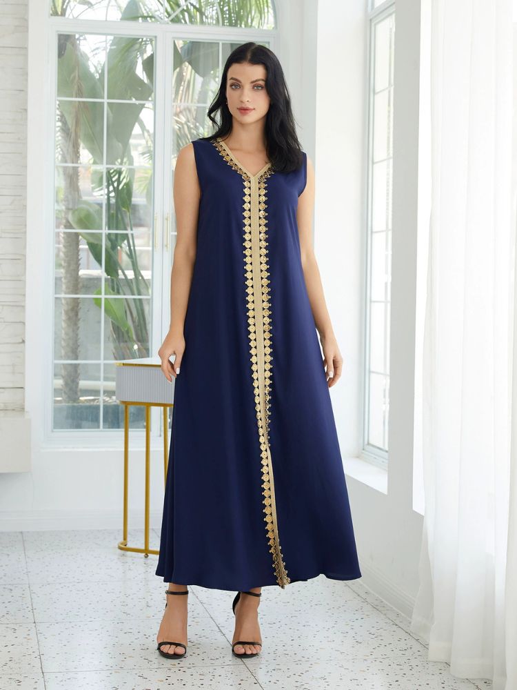 Navy Blue & Gold Embroidered Gown with Flowing Cape