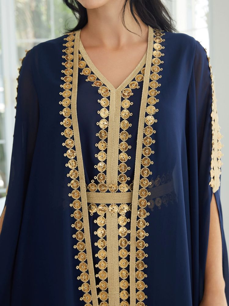 Navy Blue & Gold Embroidered Gown with Flowing Cape