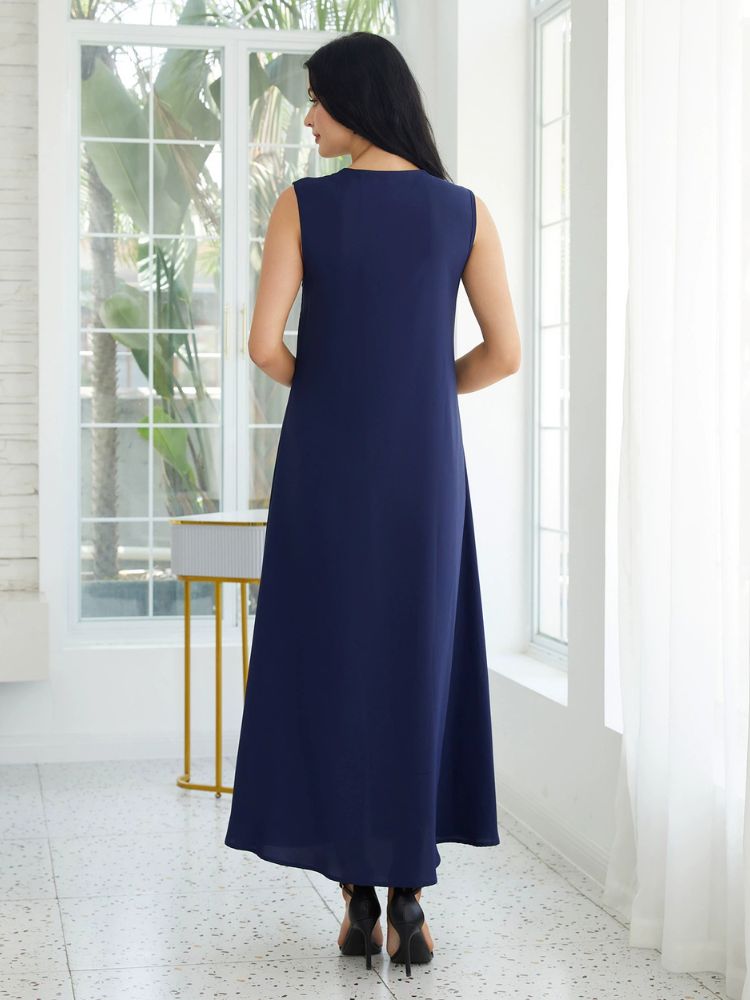 Navy Blue & Gold Embroidered Gown with Flowing Cape