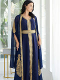 Navy Blue & Gold Embroidered Gown with Flowing Cape
