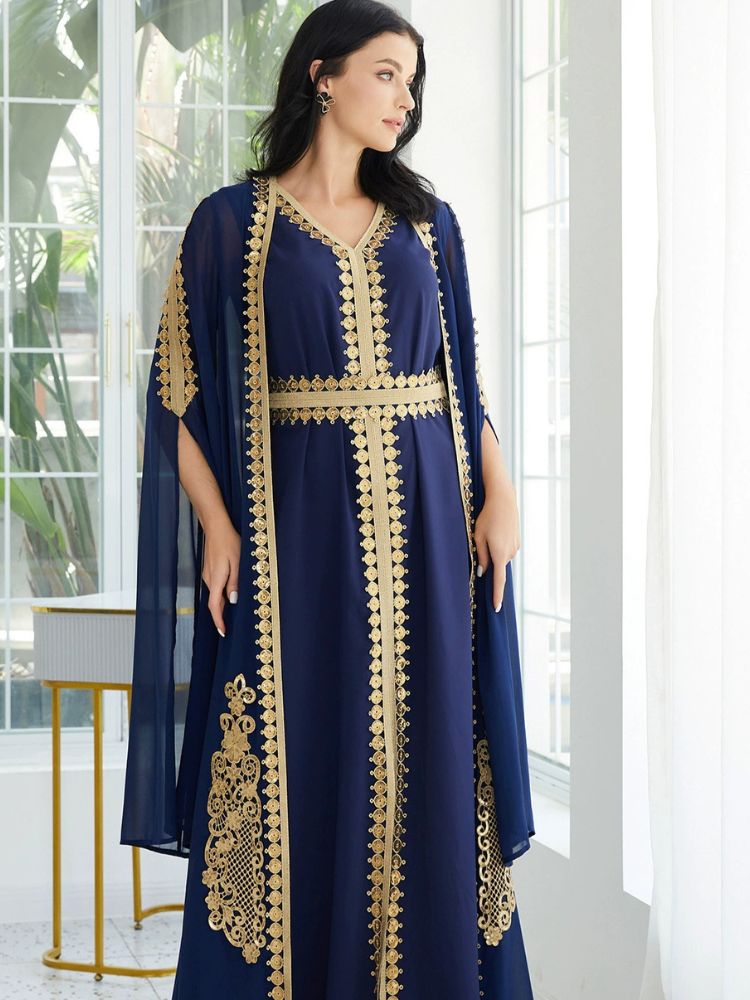 Navy Blue & Gold Embroidered Gown with Flowing Cape