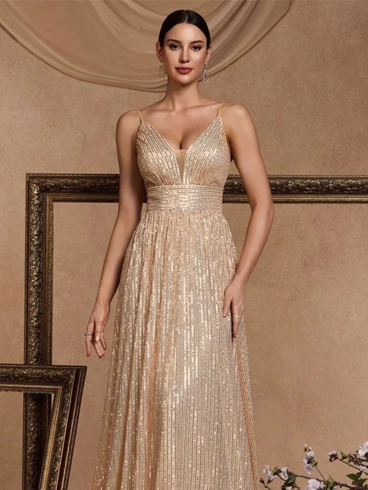 Sparkling Champagne Gold Sequin Bridesmaid Gown