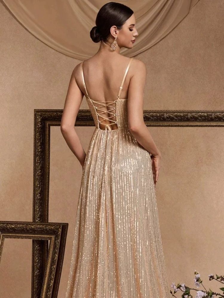 Sparkling Champagne Gold Sequin Bridesmaid Gown