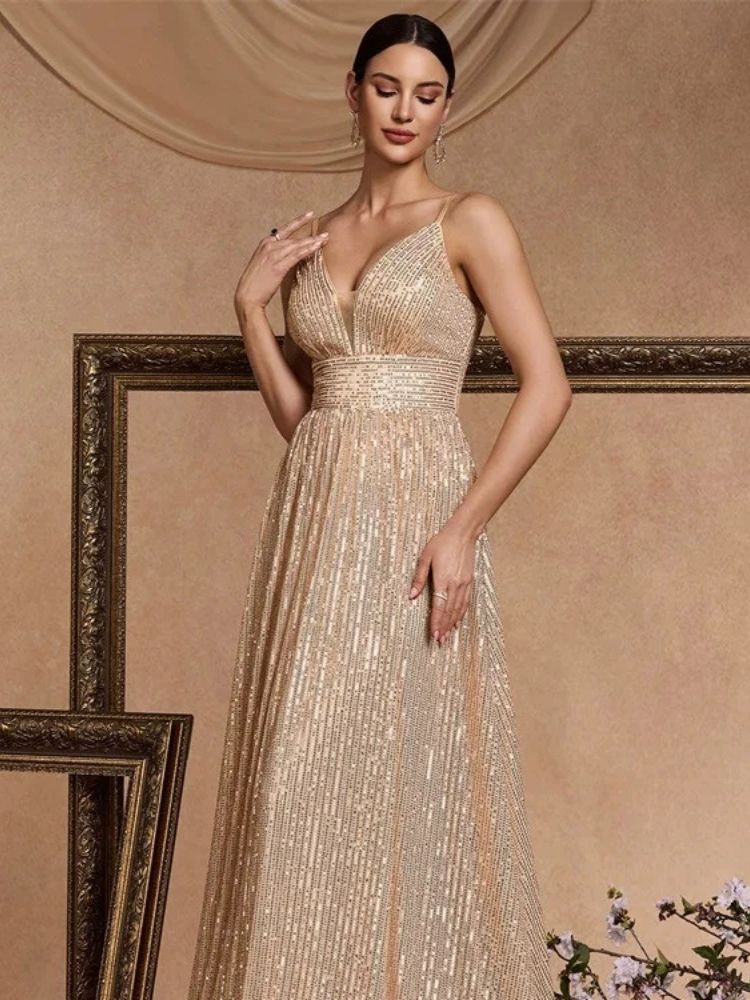 Sparkling Champagne Gold Sequin Bridesmaid Gown