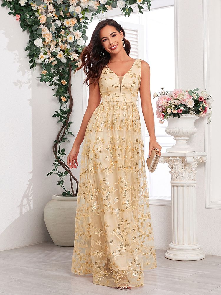 Women's Gold Floral Sequin Maxi Dress with V-Neck