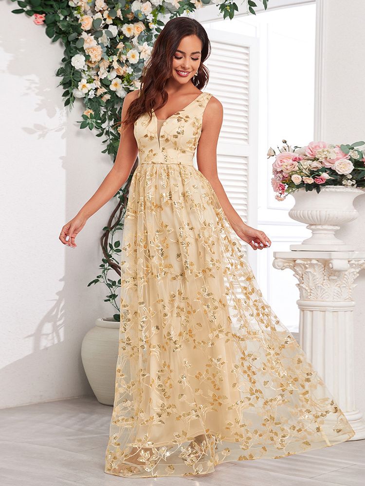 Women's Gold Floral Sequin Maxi Dress with V-Neck