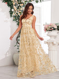 Women's Gold Floral Sequin Maxi Dress with V-Neck