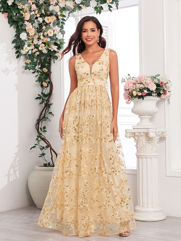 Women's Gold Floral Sequin Maxi Dress with V-Neck