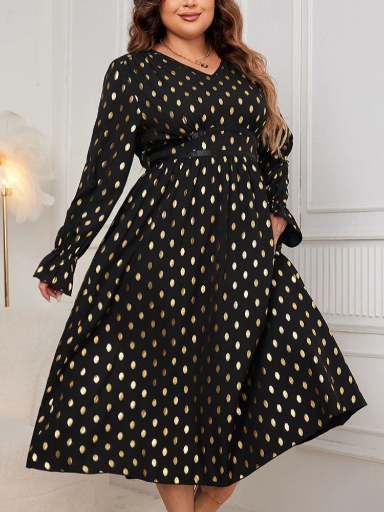 Black & Gold Polka Dot Midi Dress for Cocktail