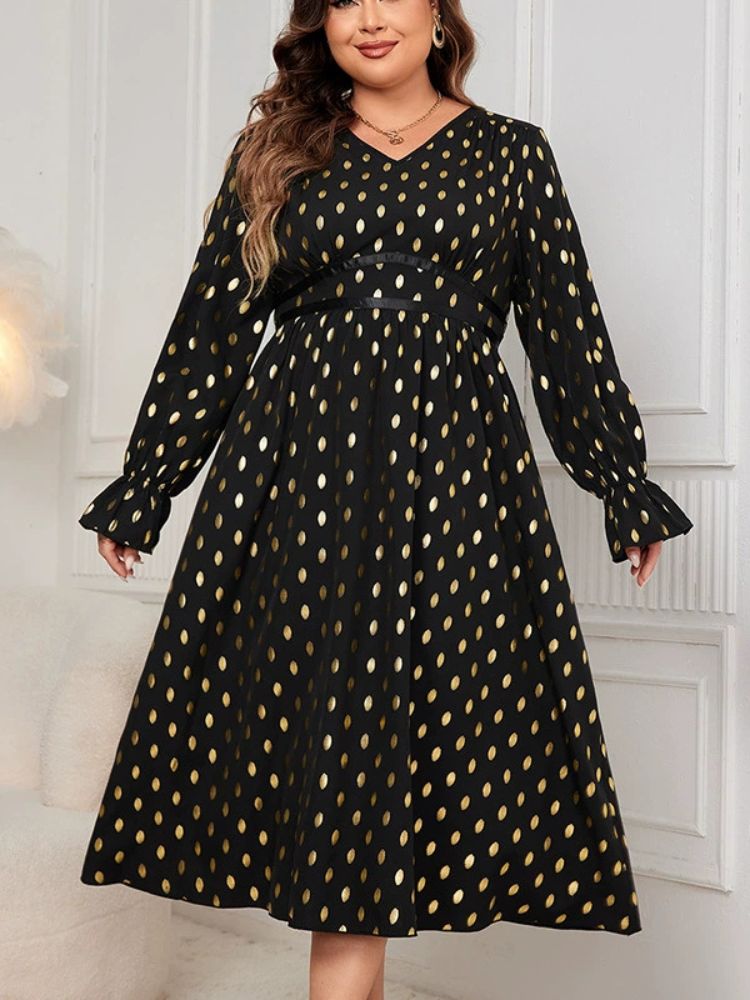 Black & Gold Polka Dot Midi Dress for Cocktail