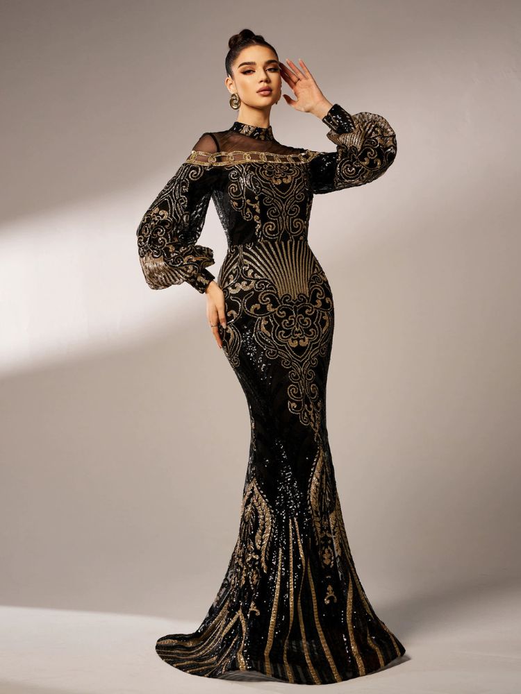 Black & Gold Sequin Mermaid Gown for Gala & Prom