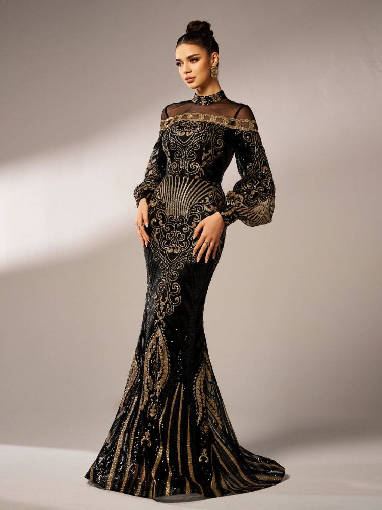 Black & Gold Sequin Mermaid Gown for Gala & Prom