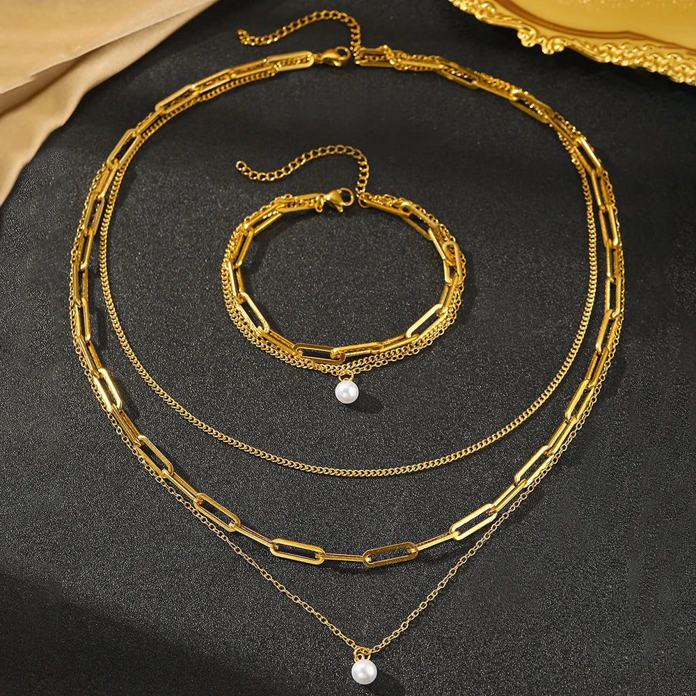 Chic Gold Multi-Strand Pearl Necklace & Bracelet Set