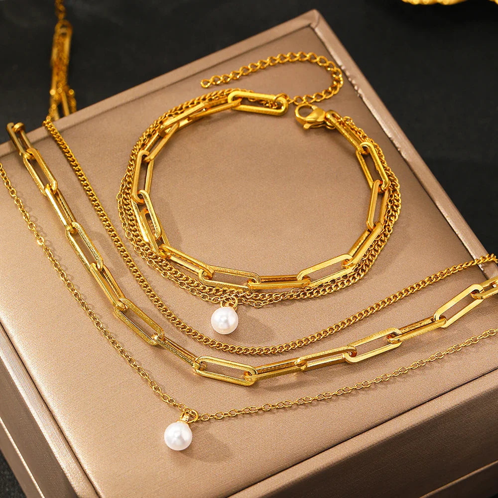 Chic Gold Multi-Strand Pearl Necklace & Bracelet Set