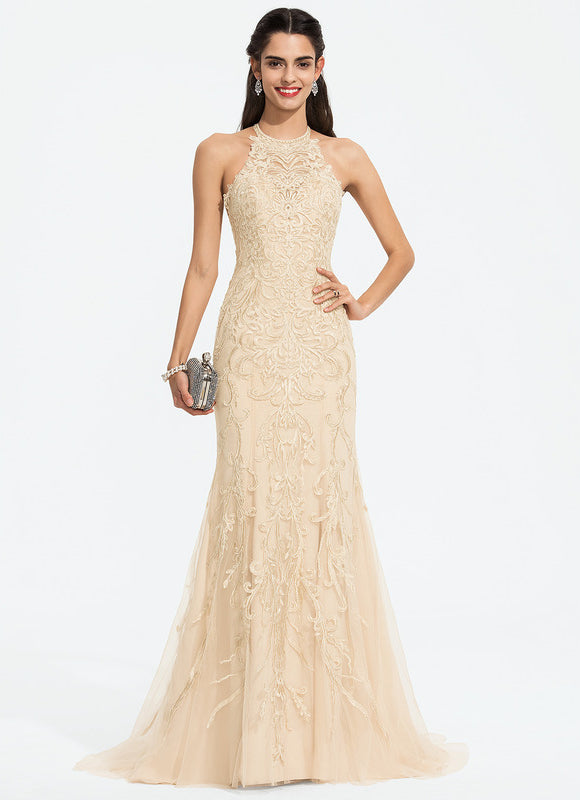 Robe Sirène Élégante En Tulle Brodé Crème. - gallery 1