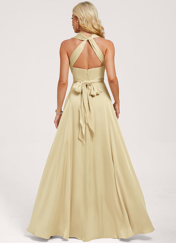 Robe Fluide Décolleté Licou Asymétrique Satin Crème. - gallery 8