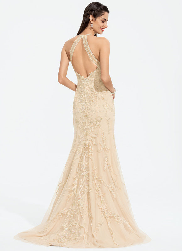 Robe Sirène Élégante En Tulle Brodé Crème. - gallery 3