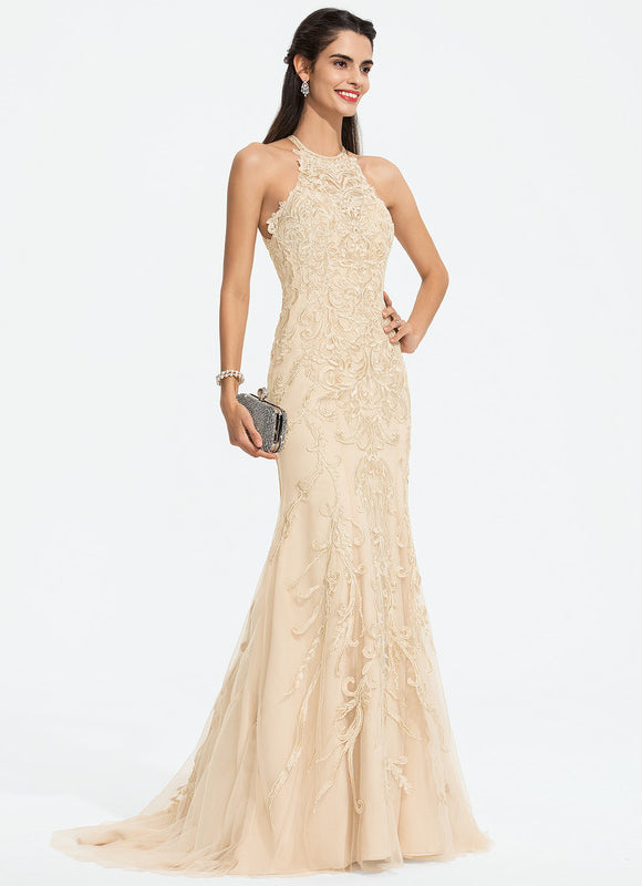 Robe Sirène Élégante En Tulle Brodé Crème. - gallery 2