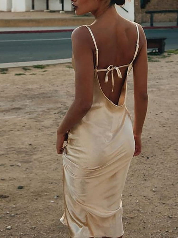 Champagne Gold Satin Maxi Dress, Square Neck, Party Gown